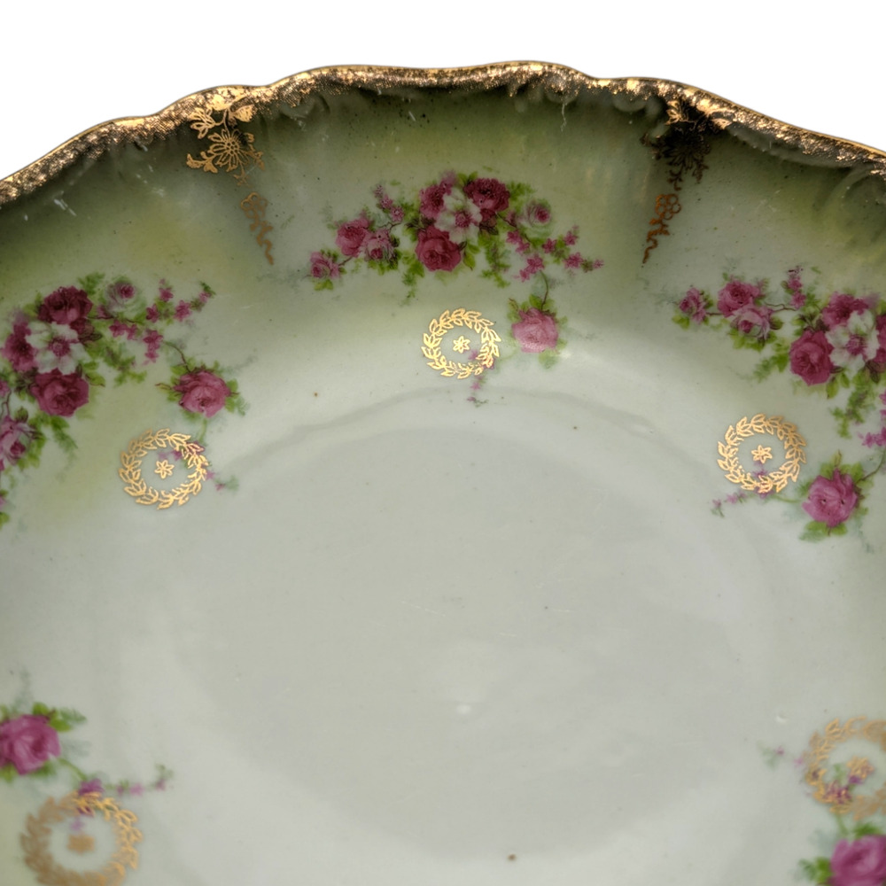 Vintage Serving Bowl Made In Germany Green Hand Painted Pink Roses Gold Gilded - Picture 12 of 12